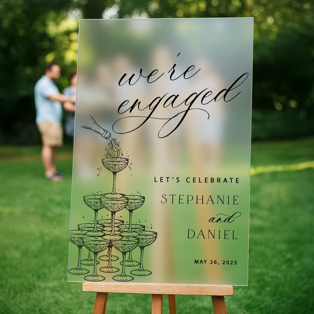 We're Engaged Party Sign — Champagne Tower Design on Frosted Acrylic