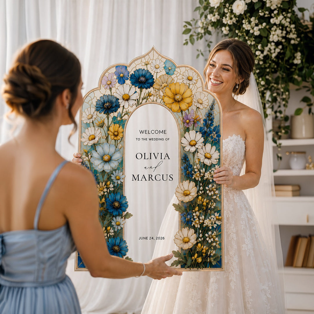 Bride holding a decorative floral sign with 'Welcome Olivia and Marcus' at a wedding. Sunlit Wildflower Arch Stained Glass Wedding Welcome Sign. Clear acrylic custom floral wedding sign.