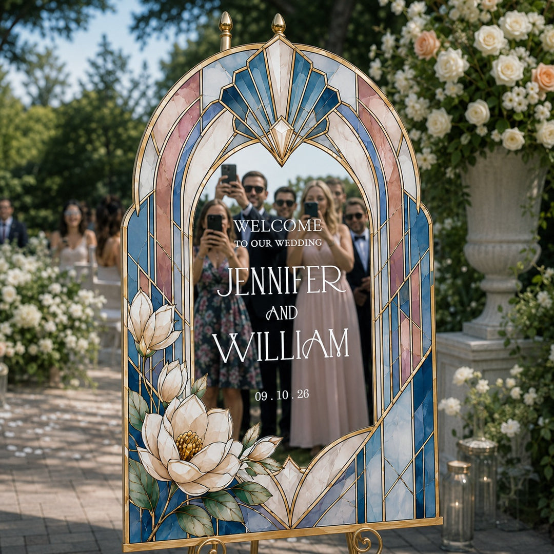Decorative wedding photo frame with floral design, used by guests to take photos. Art Deco Magnolia Stained Glass Wedding Welcome Sign. Silver mirror acrylic wedding sign.