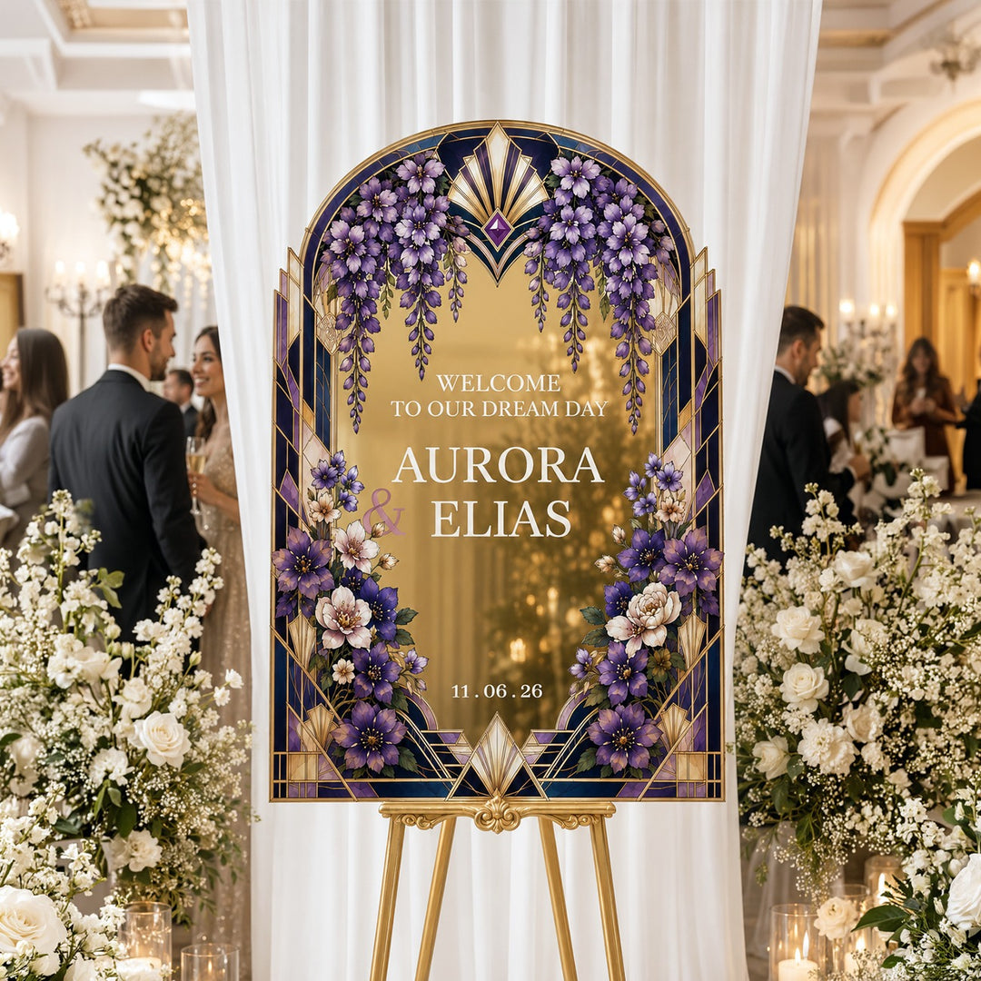 Decorative wedding sign with floral design and text in a formal setting. Wisteria Art Deco Wedding Welcome Sign. Gold mirror acrylic wedding sign.