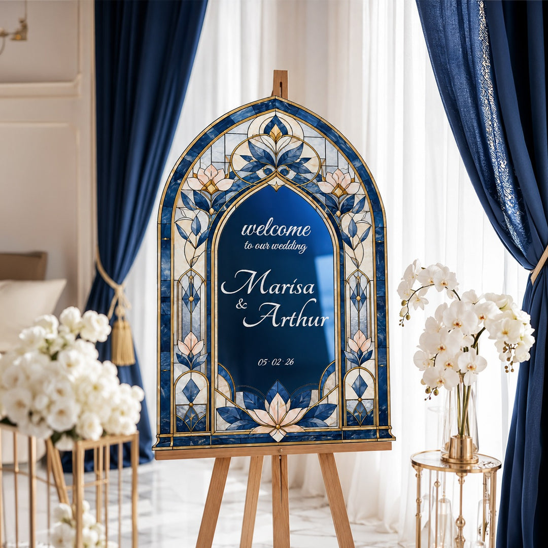 Navy lotus stained glass wedding sign on blue mirror acrylic — deep layered blue finish.