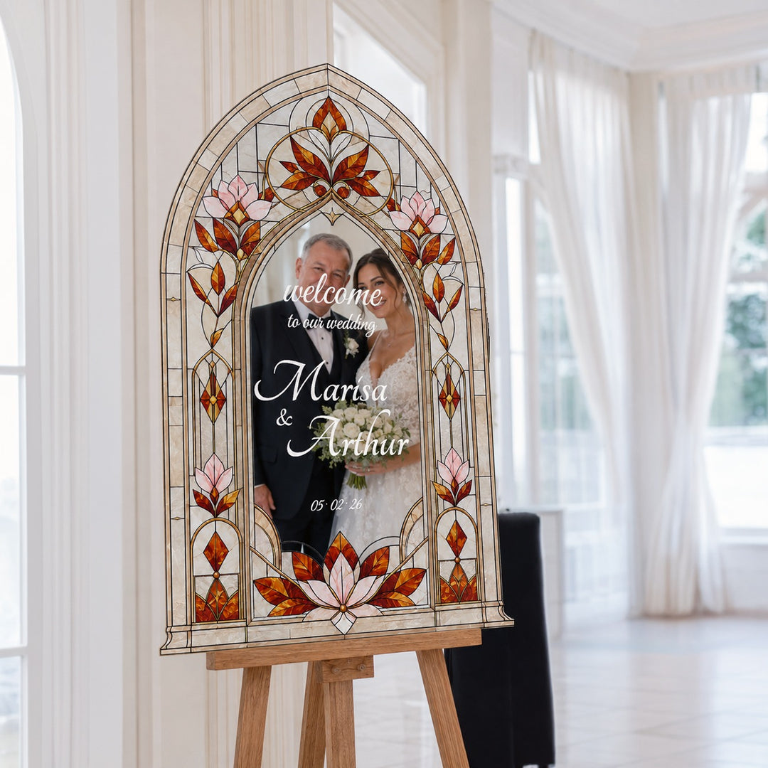 Amber lotus stained glass wedding sign on silver mirror acrylic — warm amber on cool silver finish.