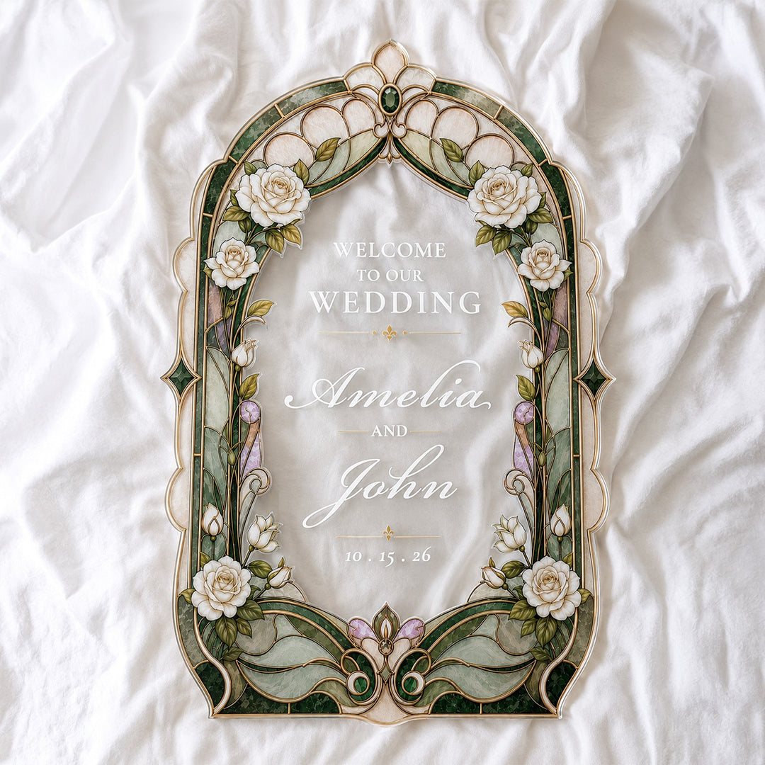Sage green Art Nouveau wedding sign on clear acrylic — sage ornamental frame with white roses.