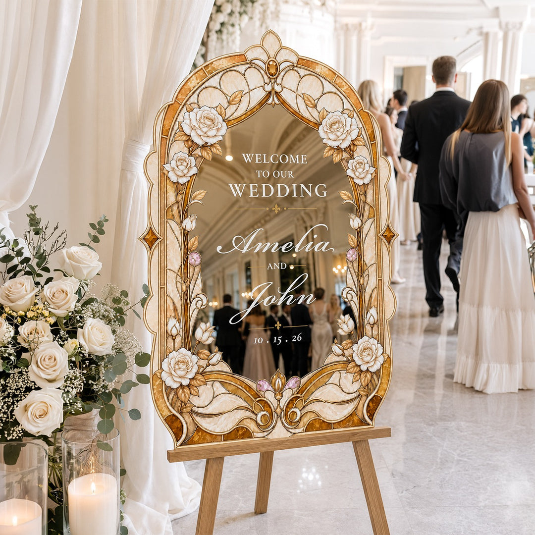 Baroque stained glass wedding sign on gold mirror acrylic — champagne and white palette.