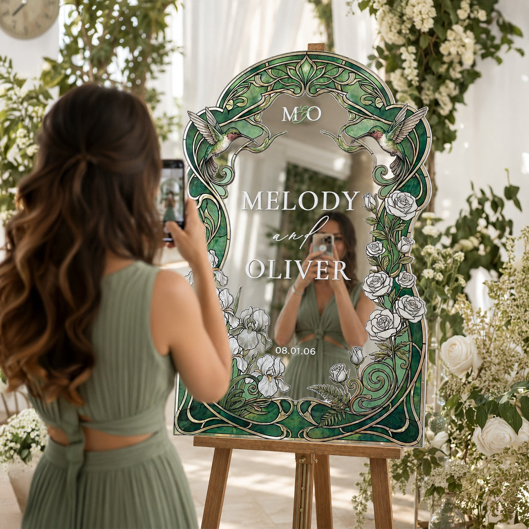 Monogram green stained glass wedding sign on silver mirror acrylic — green and silver contrast.