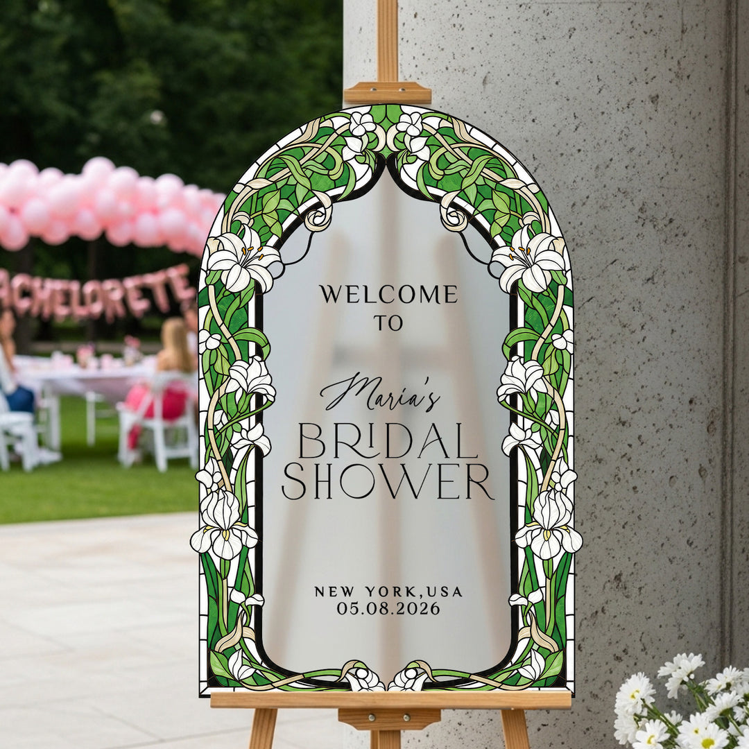 White Lily Stained Glass Bridal Shower Sign. Frosted acrylic bridal shower sign stained glass.