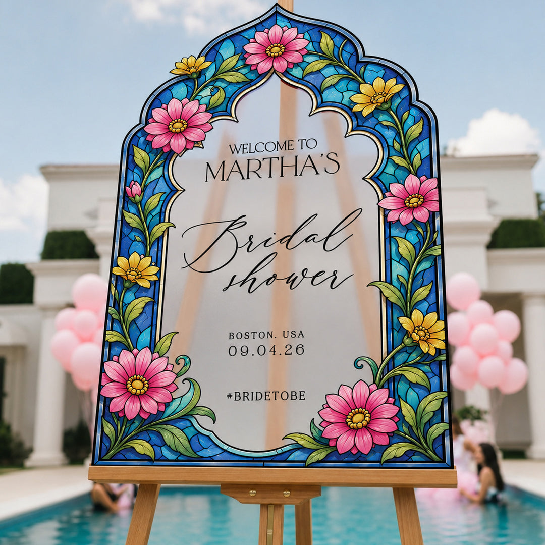 Decorative bridal shower sign with floral design outdoors. Sunflower Bridal Shower Welcome Sign. Frosted acrylic bridal shower sign.