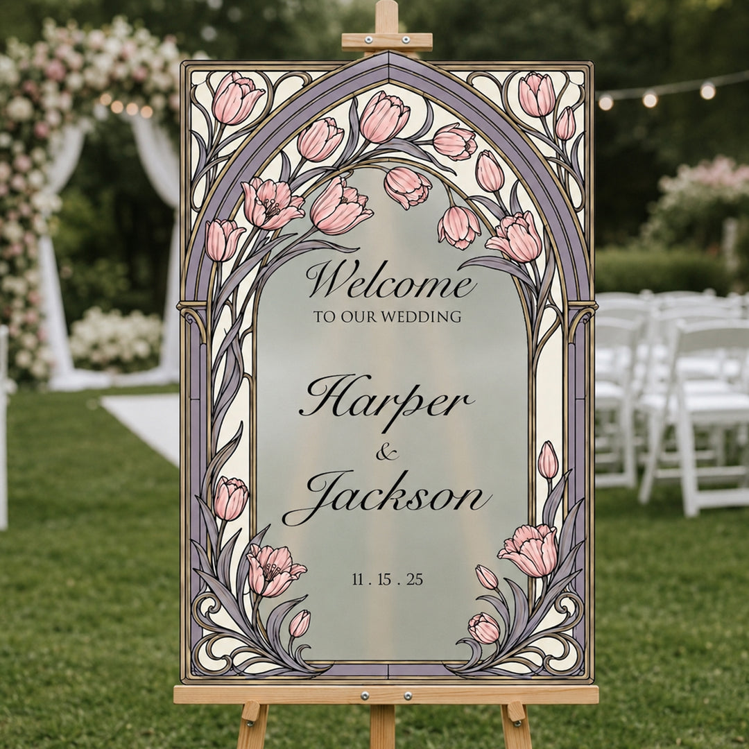 A decorative wedding welcome sign on a wooden easel, featuring an Art Nouveau floral design with pink tulips and gray-purple borders on a light background. Pink Rose Vine Art Nouveau Wedding Welcome Sign, frosted acrylic sign.