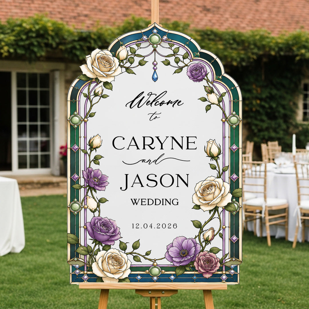 Decorative wedding welcome sign with floral design in an outdoor setting. Purple Rose Pearl Stained Glass Wedding Welcome Sign. PVC