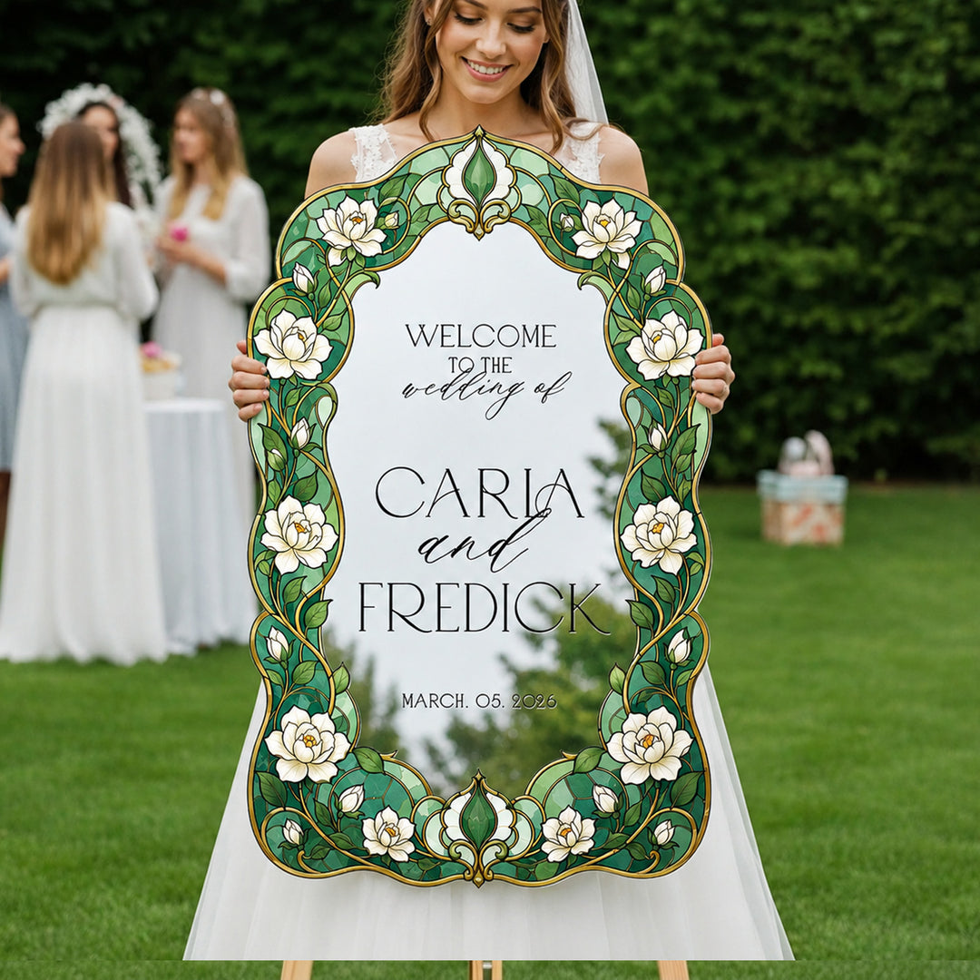 Cream Roses Stained Glass Wedding Welcome Sign. Silver mirror acrylic sign.