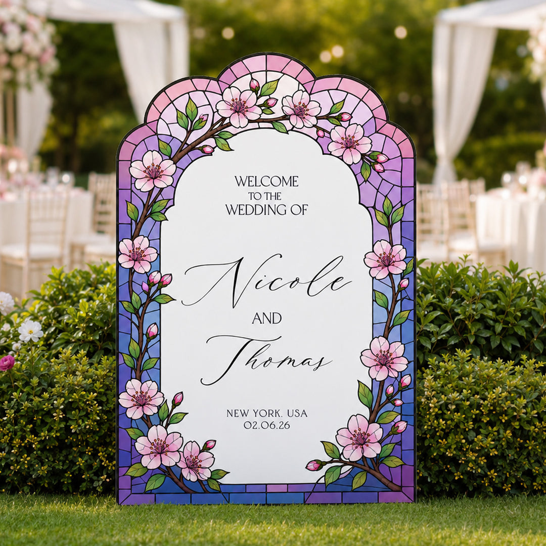 Cherry Blossom Stained Glass Wedding Welcome Sign — Purple Arch