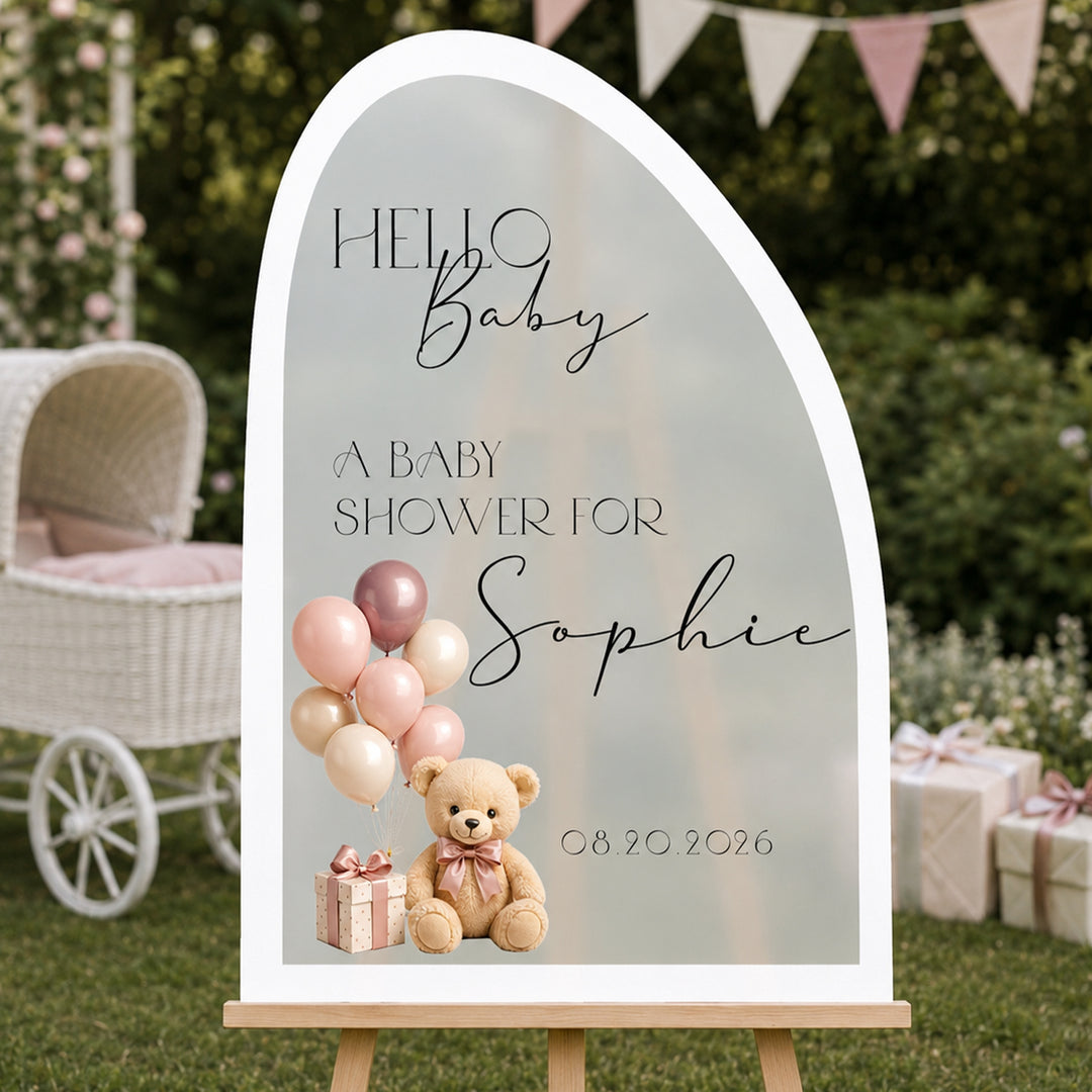 Hello Baby baby shower sign on frosted acrylic — soft diffused finish, gentle border.