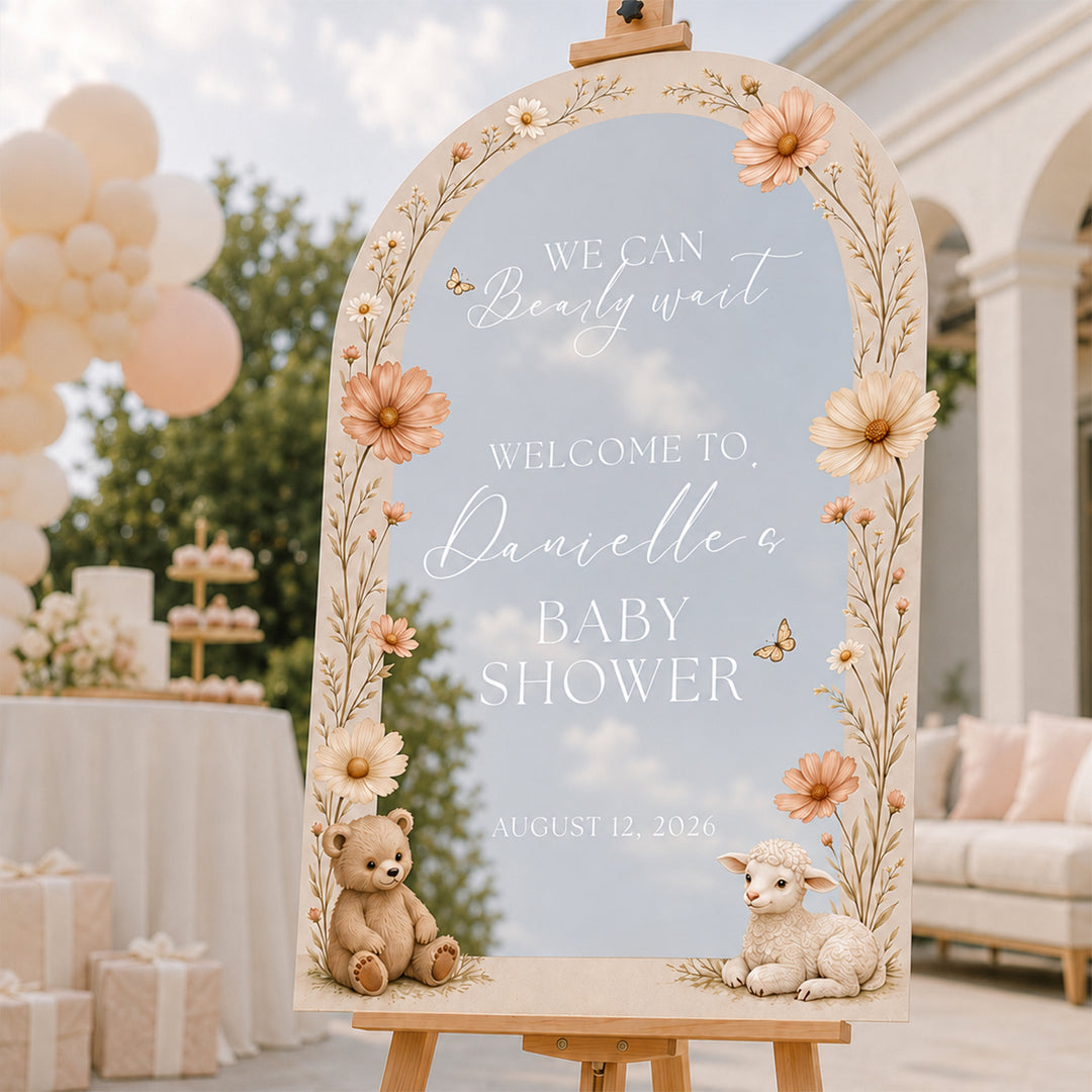Peach garden floral baby shower sign on silver mirror acrylic — warm peach tones on silver finish.