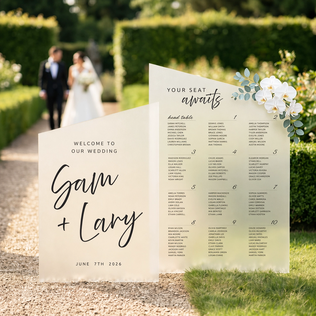 Wedding seating chart with floral decoration in a garden setting. Frosted acrylic wedding signs.