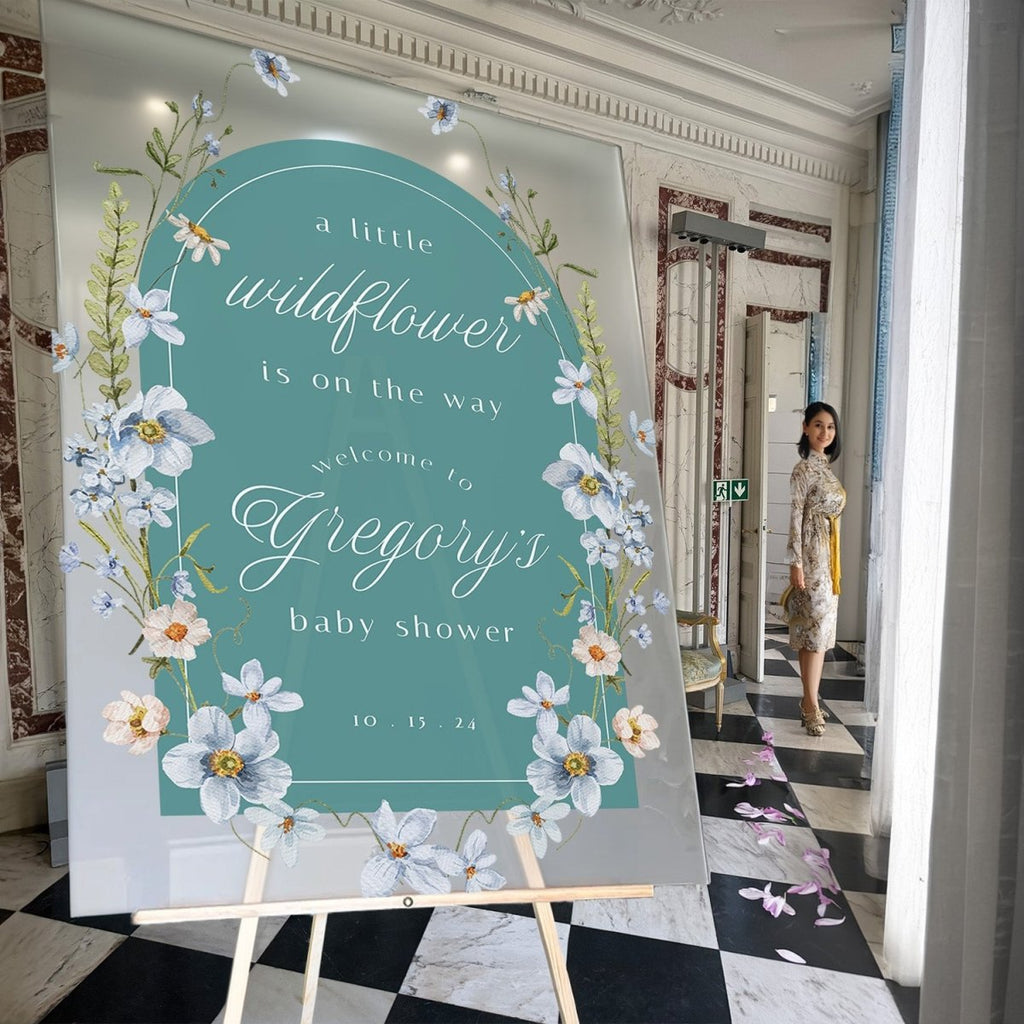 A Little Wildflower Is On The Way Baby Shower Sign, Teal Wildflowers Baby Shower Welcome Sign - SpeedyOrders