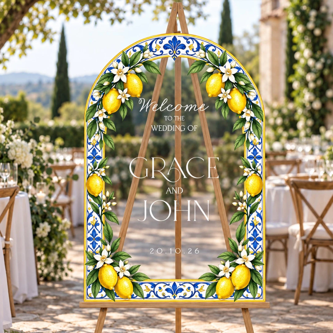 Amalfi Lemon Stained Glass Wedding Welcome Sign — Mediterranean Tile Arch - SpeedyOrders