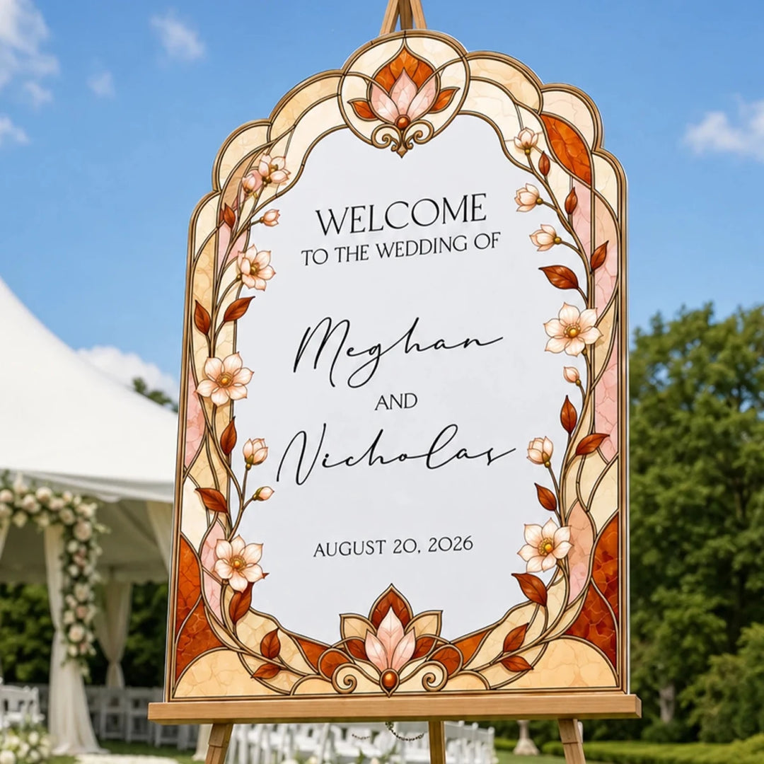 Amber & Terracotta Floral Stained Glass Wedding Welcome Sign — Frosted Arch - SpeedyOrders