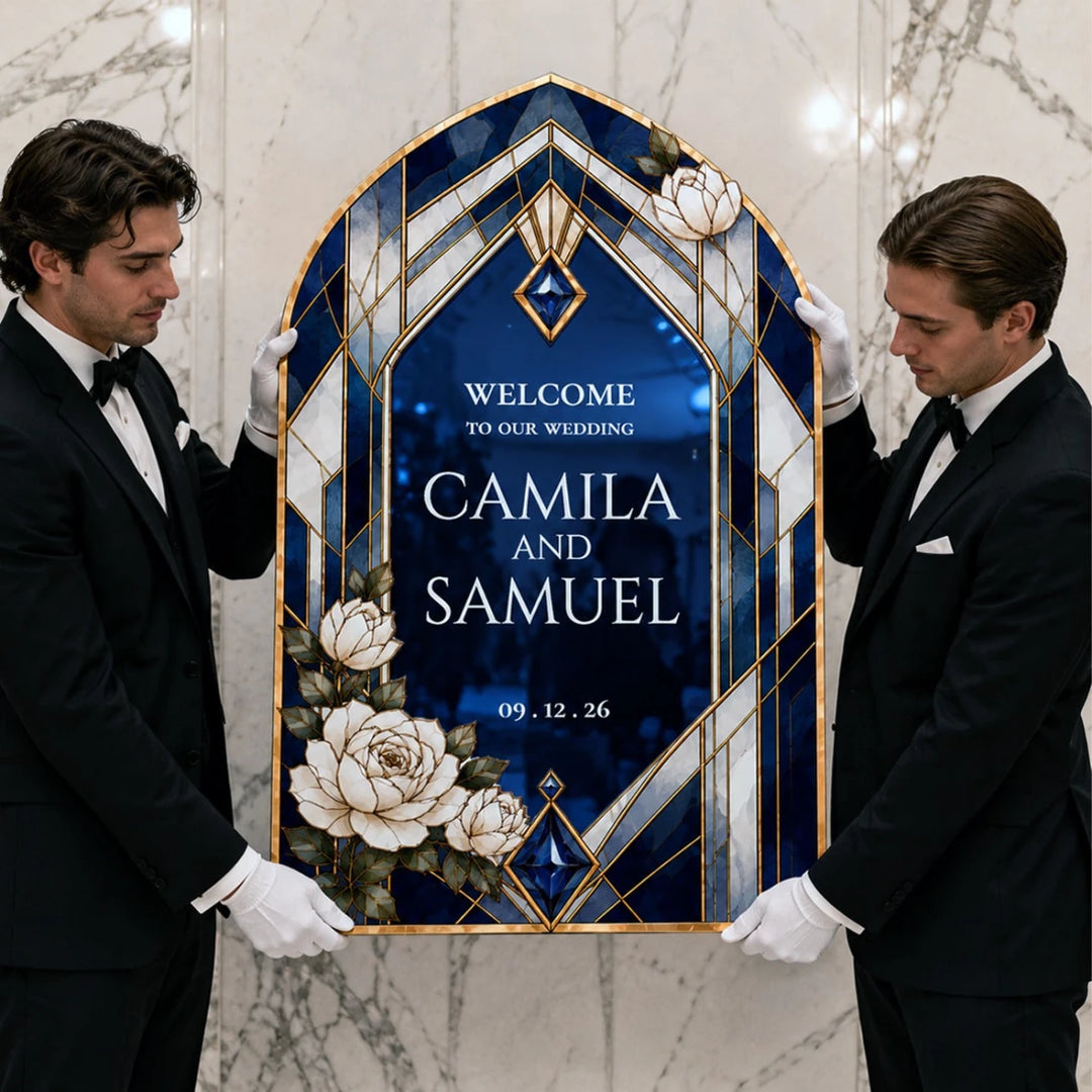 Art Deco Stained Glass Wedding Welcome Sign — Geometric Border - SpeedyOrders