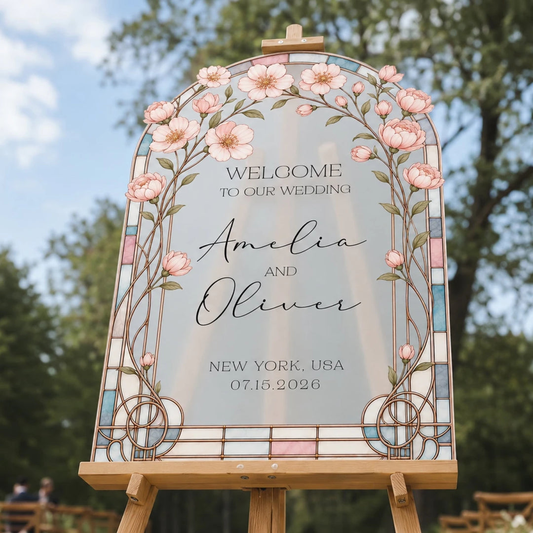 Art Nouveau Gold Frame Wedding Welcome Sign — Pink Blossom - SpeedyOrders