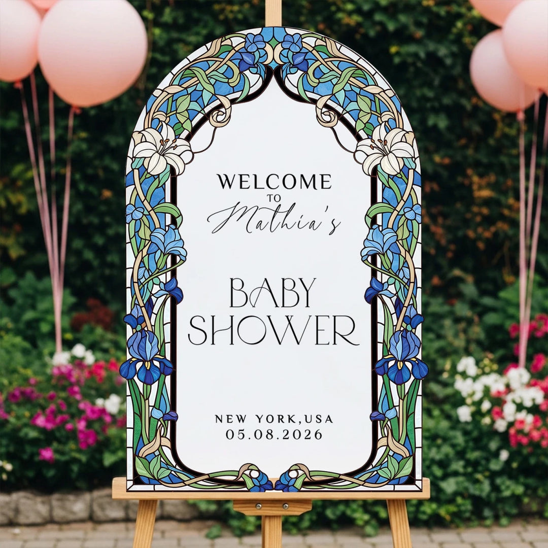 Art Nouveau Iris Stained Glass Baby Shower Welcome Sign - SpeedyOrders