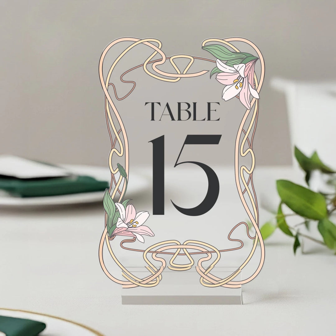 Art Nouveau Lily Wedding Table Numbers — Whiplash Curve Border - SpeedyOrders