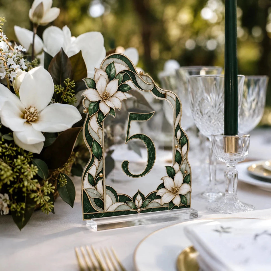 Art Nouveau Magnolia Stained Glass Wedding Table Numbers - SpeedyOrders
