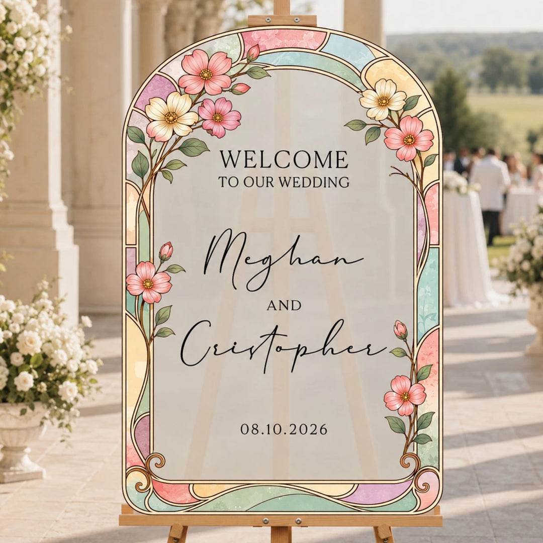 Art Nouveau Pastel Stained Glass Wedding Welcome Sign — Floral Mosaic - SpeedyOrders