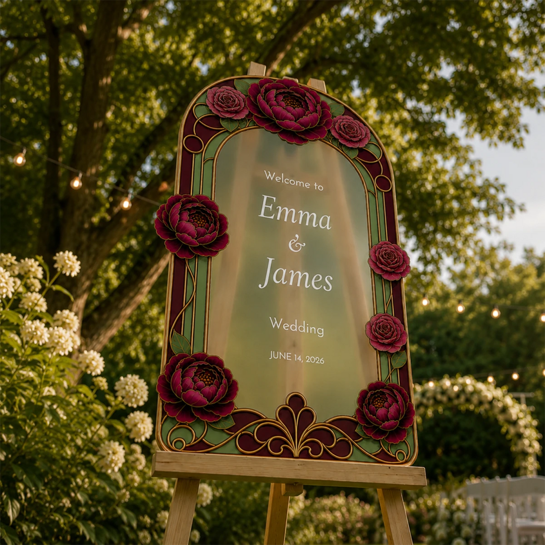 Art Nouveau Peony Stained Glass Wedding Welcome Sign — Burgundy Arch - SpeedyOrders