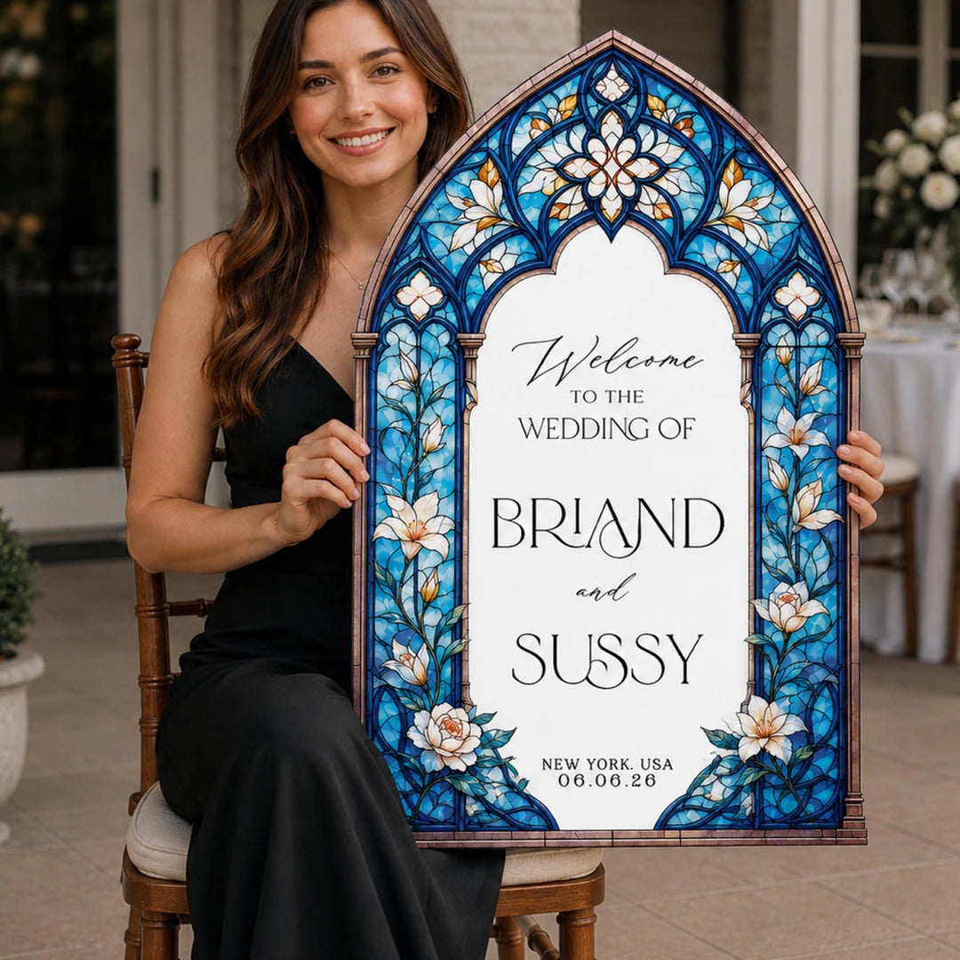 Blue Cathedral Stained Glass Wedding Welcome Sign - SpeedyOrders