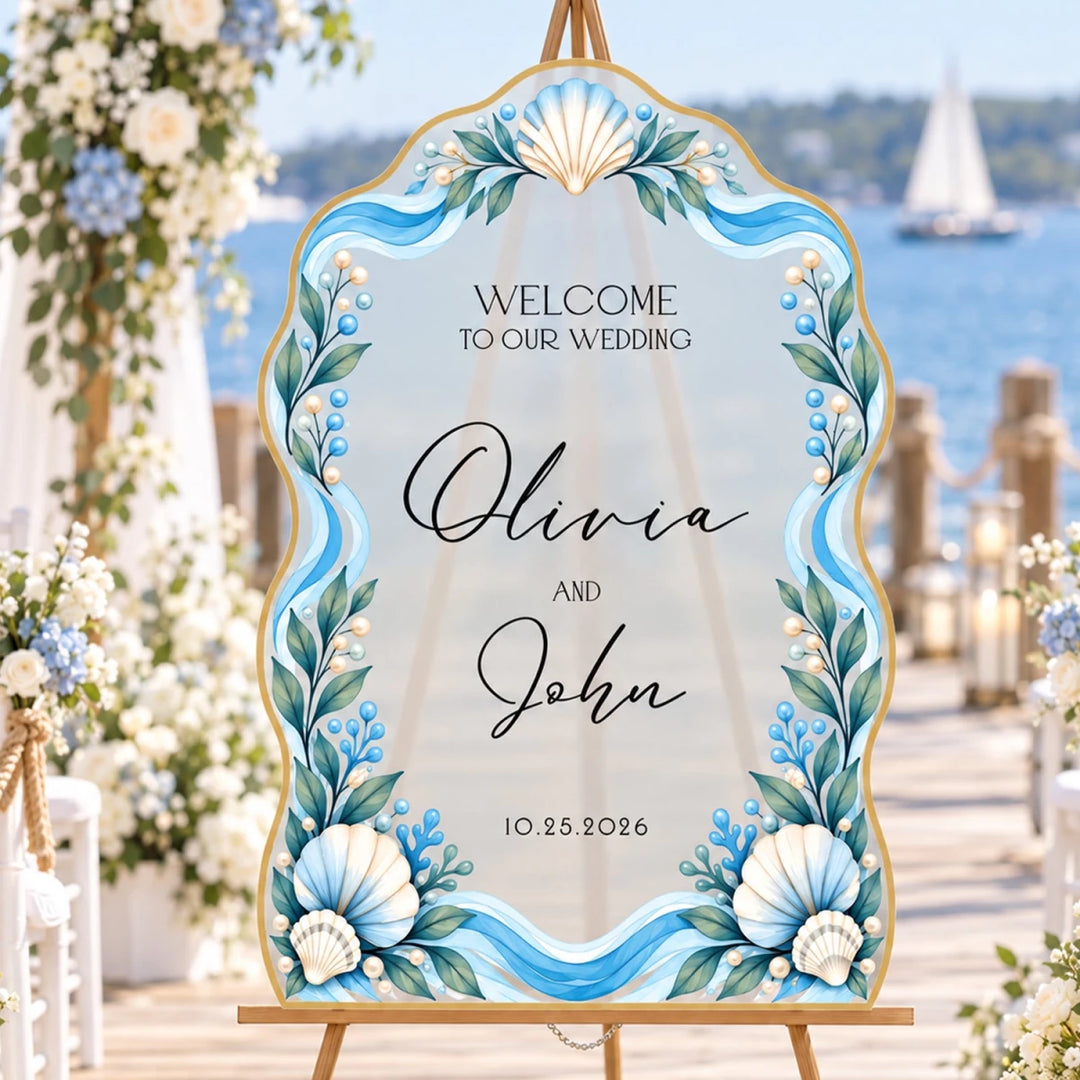Blue Coral & Pearl Seashell Wedding Welcome Sign — Coastal Arch - SpeedyOrders