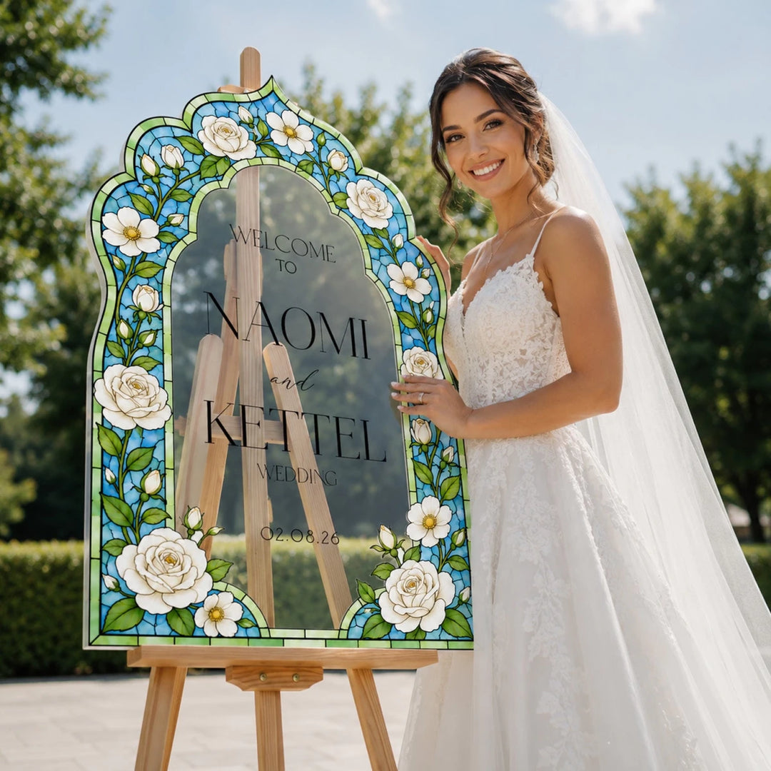 Blue Daisy Stained Glass Wedding Welcome Sign - SpeedyOrders
