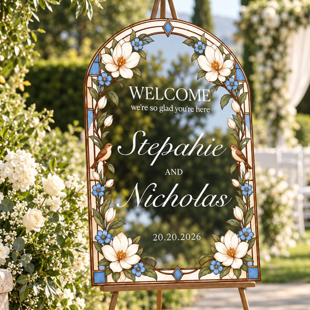 Blue Floral & Magnolia Stained Glass Wedding Welcome Sign — Woodland Botanical Arch - SpeedyOrders