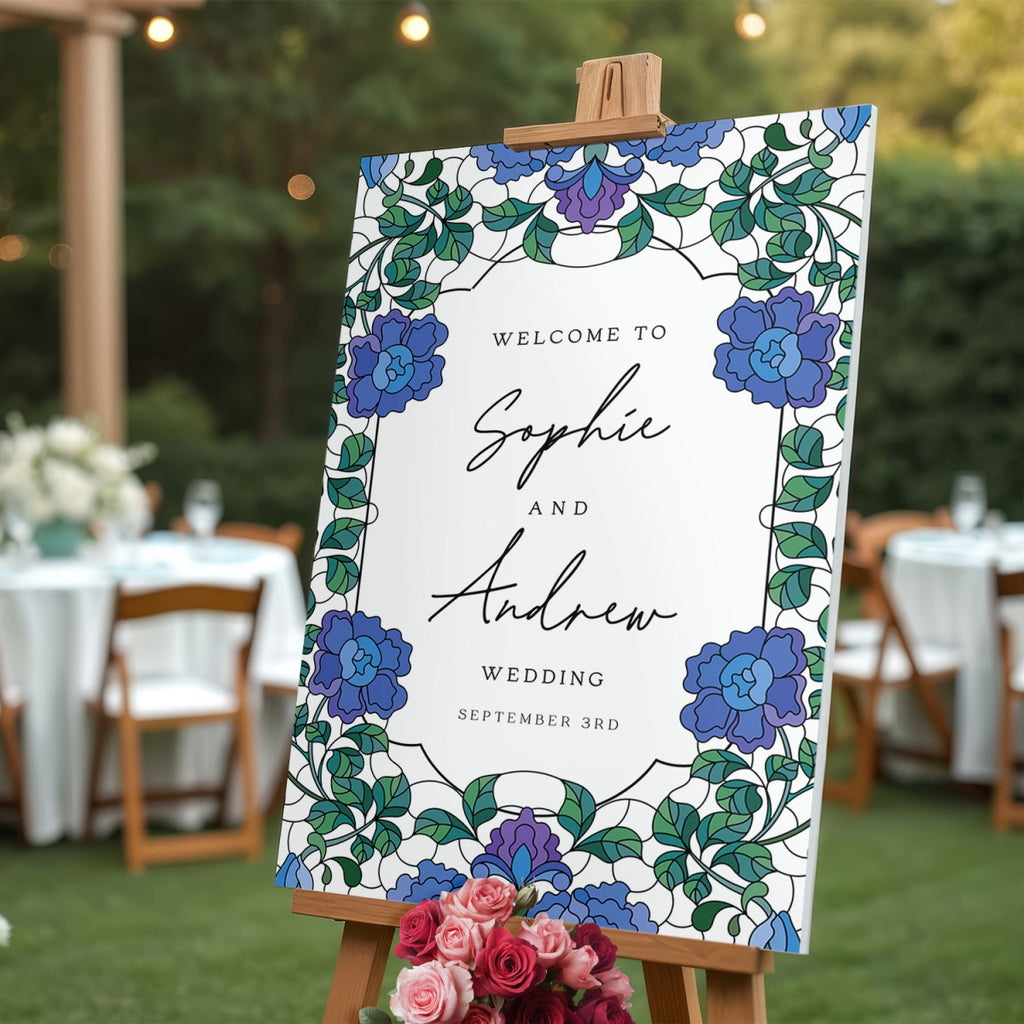 Blue Floral Wedding Sign, Elegant Welcome Sign with Stained Glass Style - SpeedyOrders