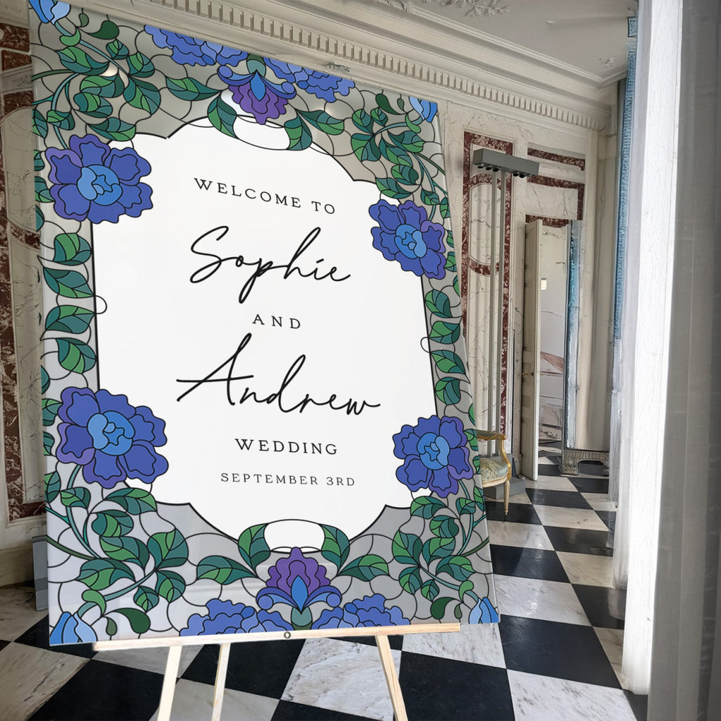 Blue Floral Wedding Sign, Elegant Welcome Sign with Stained Glass Style - SpeedyOrders