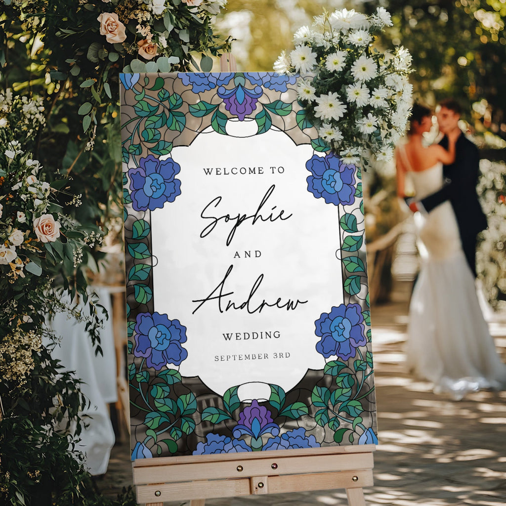 Blue Floral Wedding Sign, Elegant Welcome Sign with Stained Glass Style - SpeedyOrders