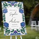 Blue Floral Wedding Sign, Elegant Welcome Sign with Stained Glass Style - SpeedyOrders