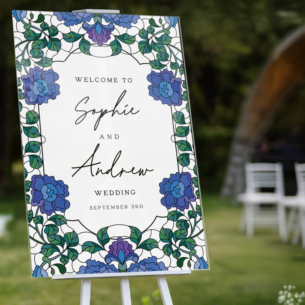 Blue Floral Wedding Sign, Elegant Welcome Sign with Stained Glass Style - SpeedyOrders