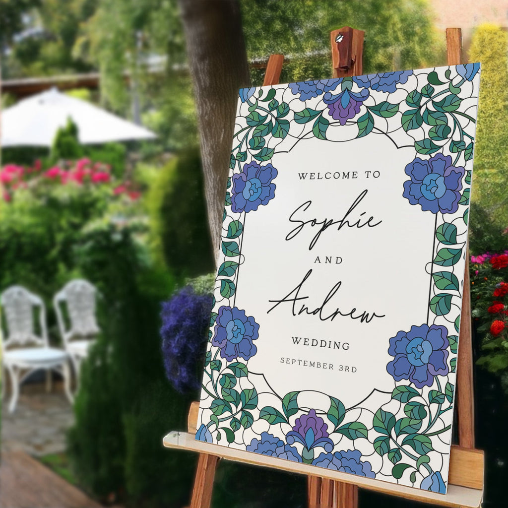 Blue Floral Wedding Sign, Elegant Welcome Sign with Stained Glass Style - SpeedyOrders