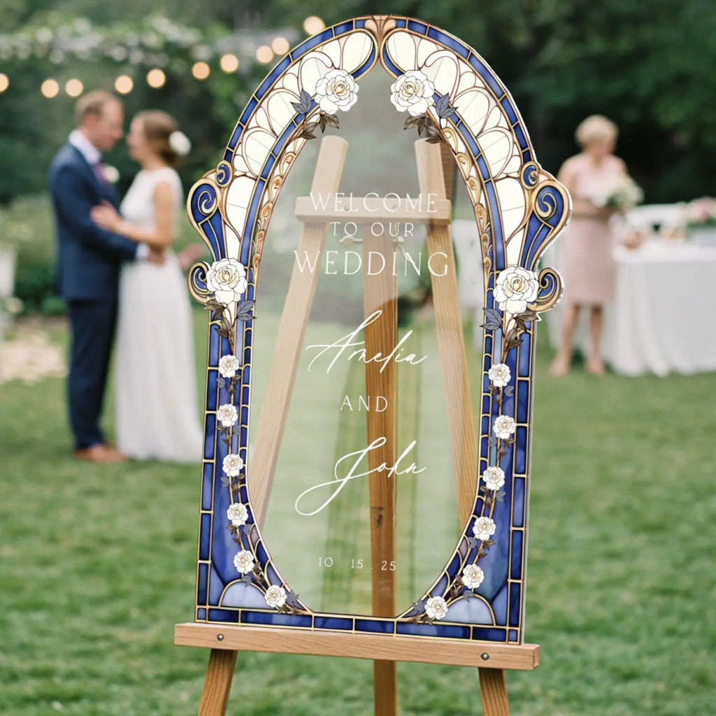 Blue Stained Glass Floral Wedding Sign, Cream Roses Wedding Welcome Sign - SpeedyOrders