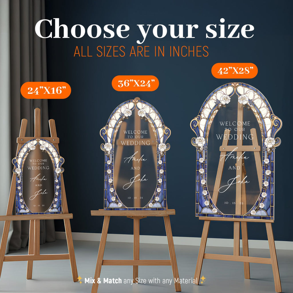 Blue Stained Glass Floral Wedding Sign, Cream Roses Wedding Welcome Sign - SpeedyOrders