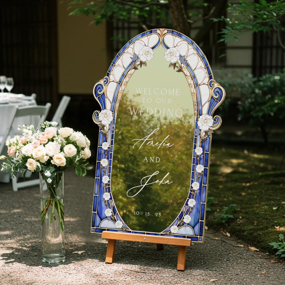 Blue Stained Glass Floral Wedding Sign, Cream Roses Wedding Welcome Sign - SpeedyOrders