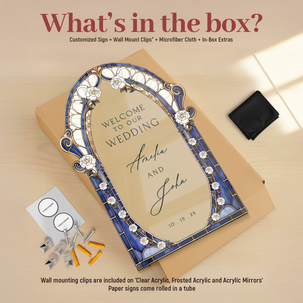 Blue Stained Glass Floral Wedding Sign, Cream Roses Wedding Welcome Sign - SpeedyOrders