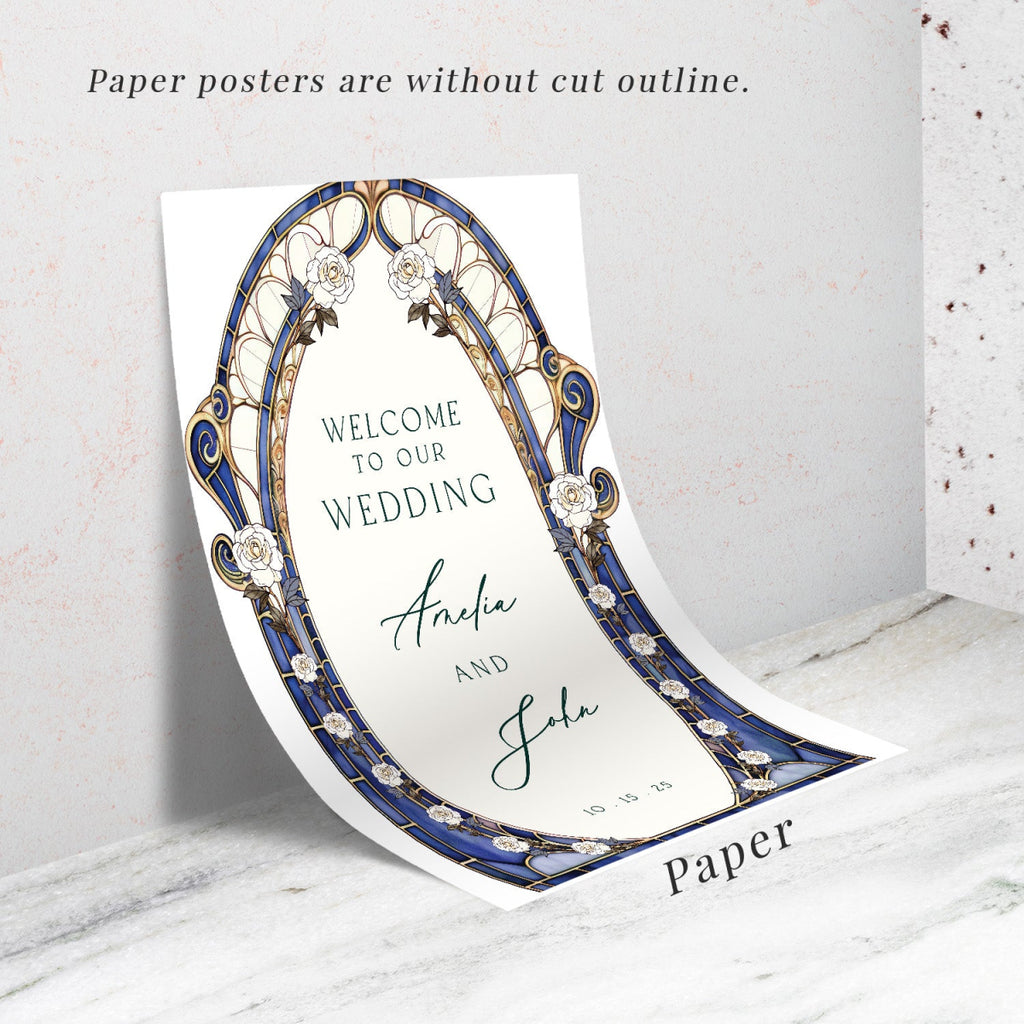 Blue Stained Glass Floral Wedding Sign, Cream Roses Wedding Welcome Sign - SpeedyOrders