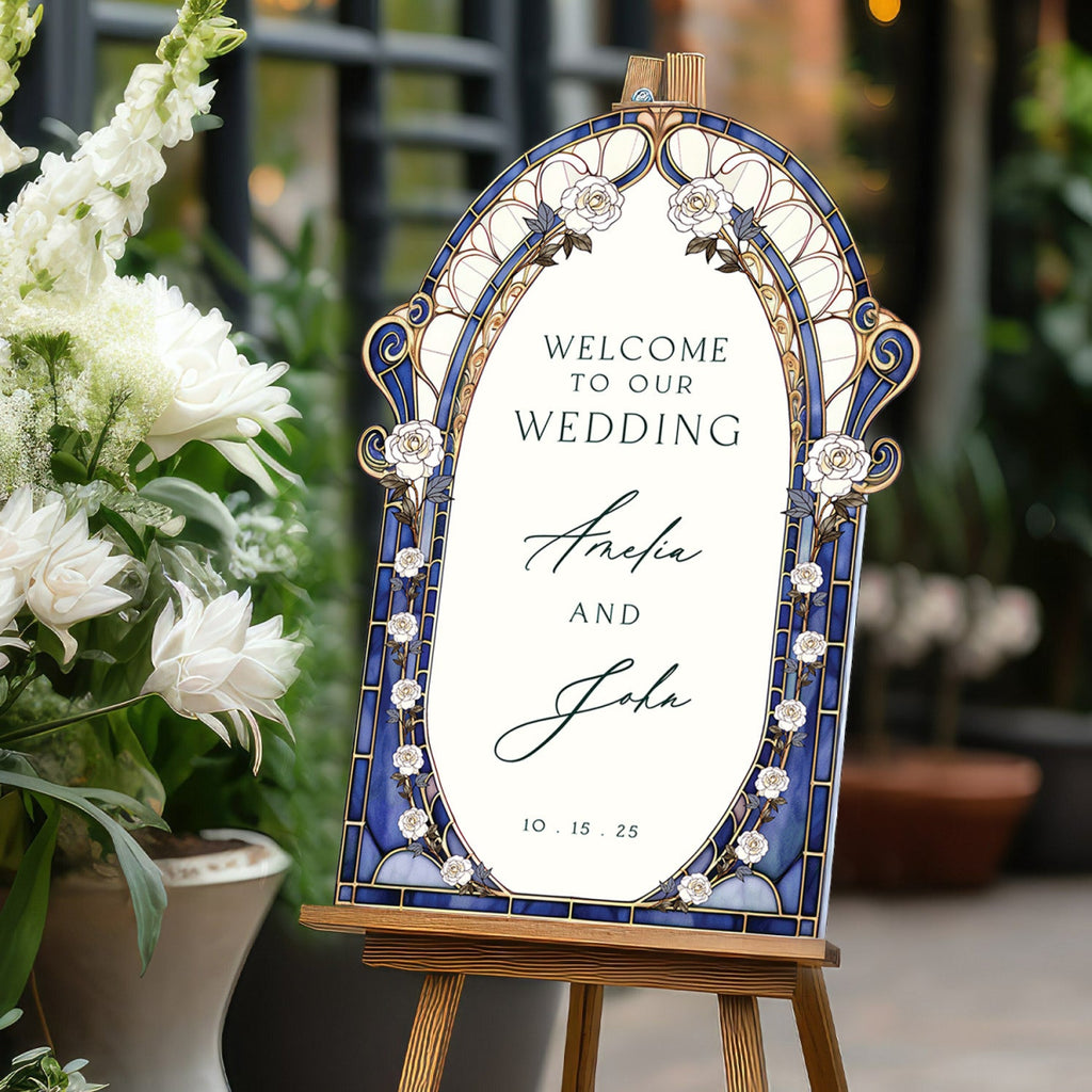 Blue Stained Glass Floral Wedding Sign, Cream Roses Wedding Welcome Sign - SpeedyOrders