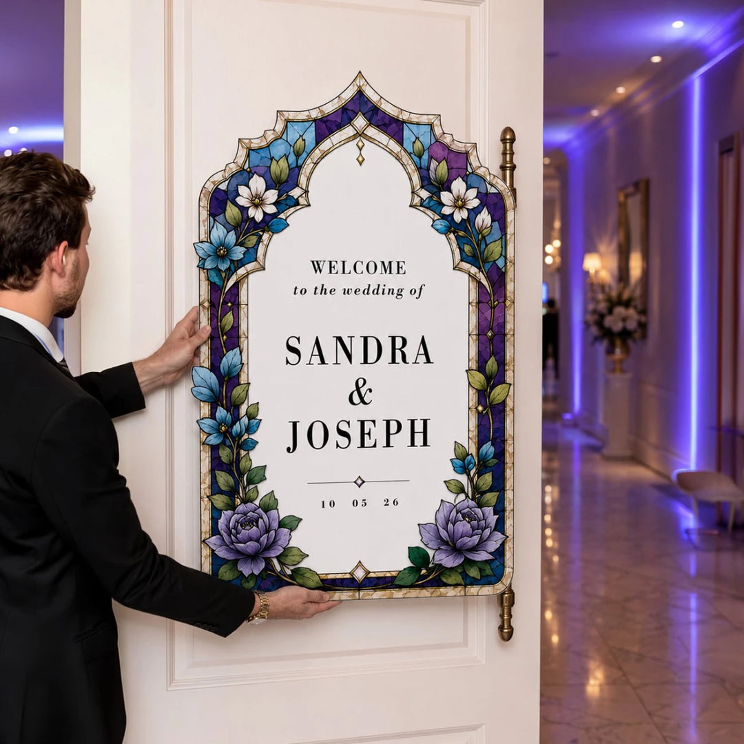 Blue Stained Glass Wedding Welcome Sign — Gothic Arch - SpeedyOrders