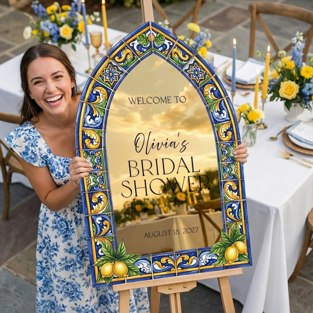 Blue Tiles Bridal Shower Sign, Main Squeeze Mirror Bridal Shower Welcome Sign - SpeedyOrders