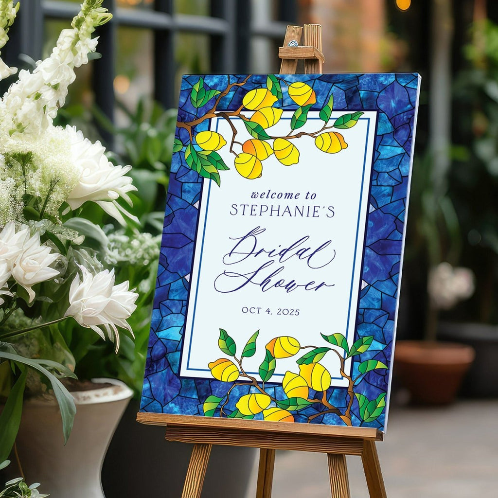 Blue Tiles Bridal Shower Sign, Stained Glass Main Squeeze Bridal Shower Welcome Sign - SpeedyOrders