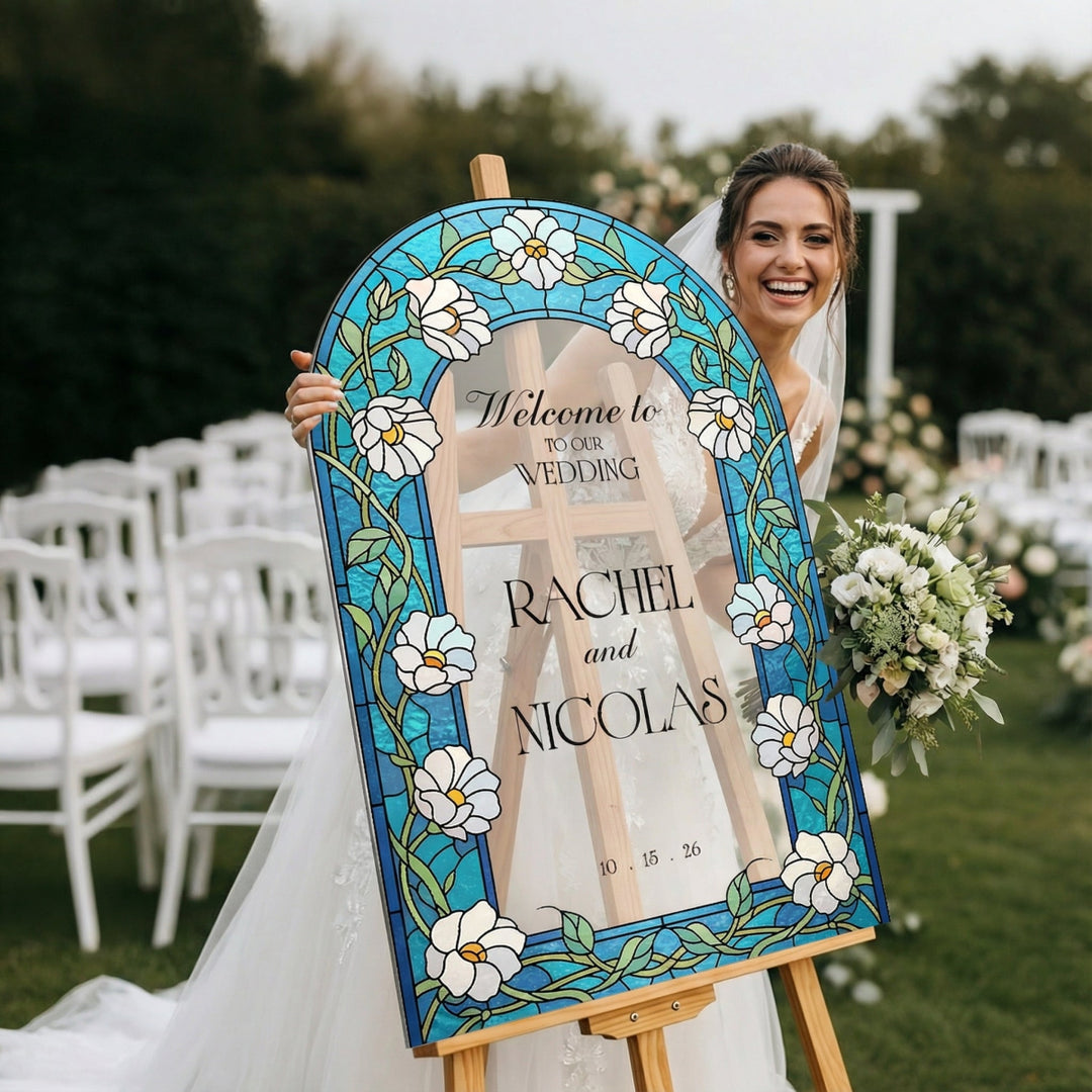 Blue Wedding Welcome Sign, Floral Stained Glass Wedding Signs, - SpeedyOrders
