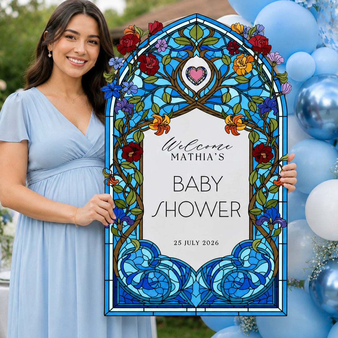 Blue Wildflower Stained Glass Baby Shower Welcome Sign - SpeedyOrders