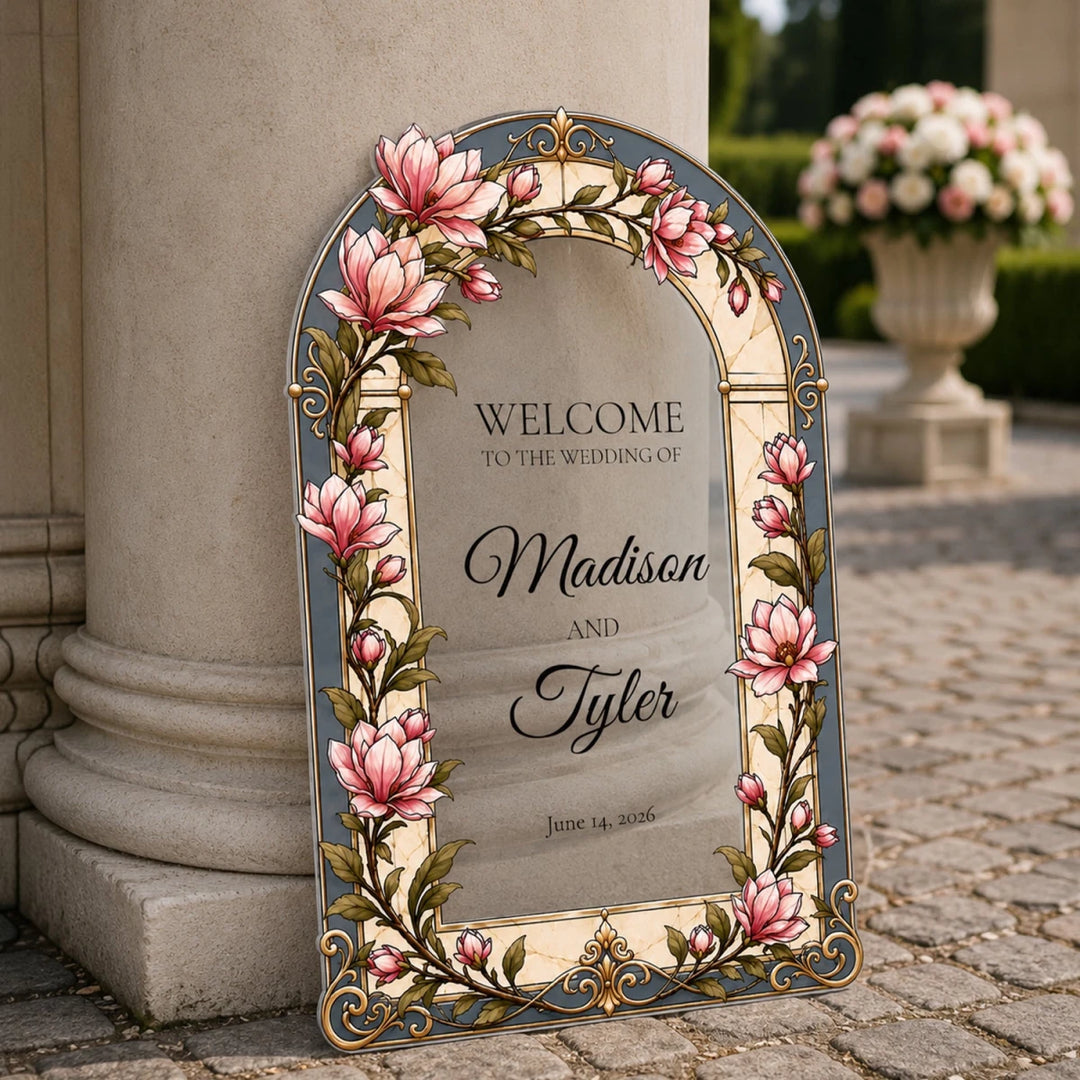 Blush Magnolia Wedding Welcome Sign — Soft Botanical Arch - SpeedyOrders
